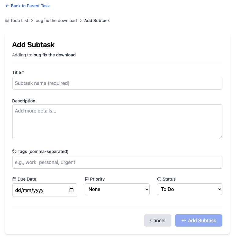 Add Subtask Screen