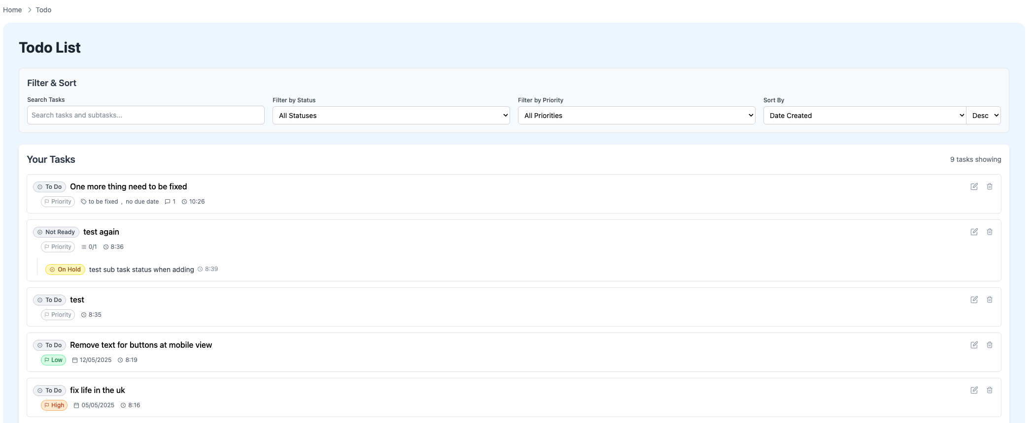 Main Task List View